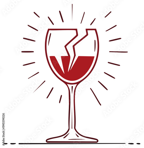 Stylized broken wine glass filled with red wine concept of damage or fragility