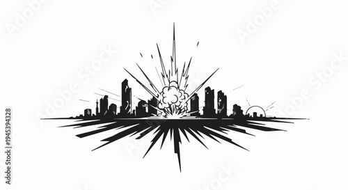 Stylized cityscape silhouette exploding with light rays and smoke
