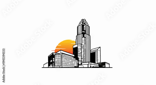 Stylized cityscape with a prominent skyscraper and a setting sun