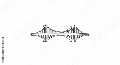 Stylized ink drawing of a suspension bridge with arching supports