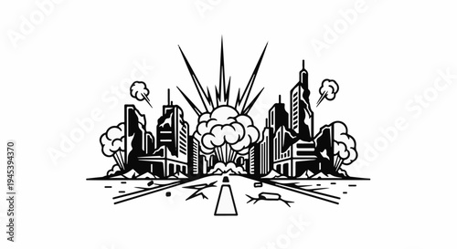 Stylized cityscape with buildings exploding amidst dust and debris