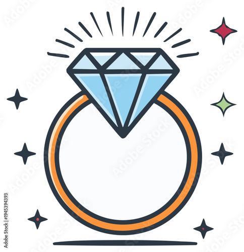 Diamond engagement ring on white background with sparkle effect around it