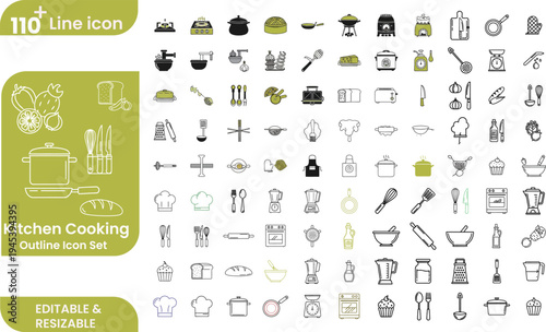 Large collection of kitchen and cooking line icons featuring appliances tools and ingredients for restaurant design