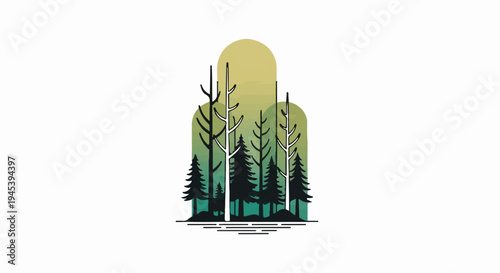 Stylized forest scene with layered arches and water reflection