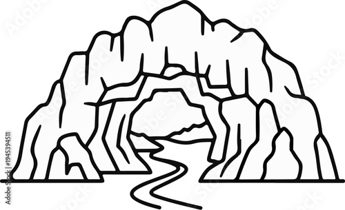 Stylized line art of a mountain cave with a winding river flowing out