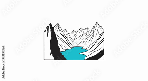 Stylized graphic depicts a serene mountain lake with sharp peaks
