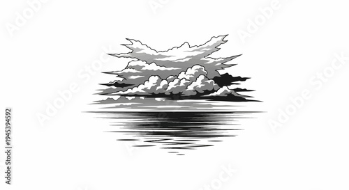 Stylized clouds hover over a reflective, rippling body of water