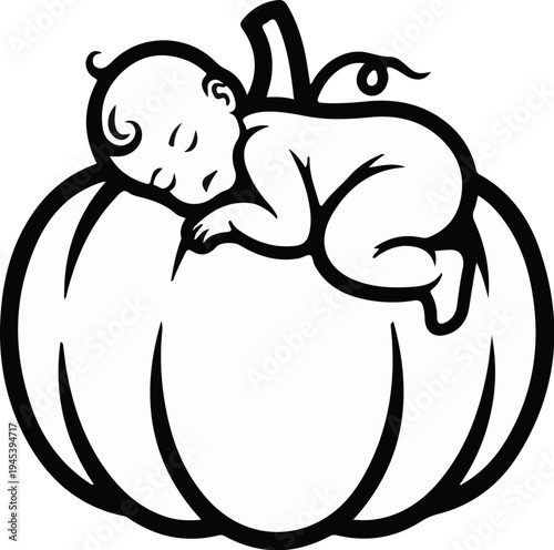 Stylized outline of a sleeping infant resting on a large pumpkin