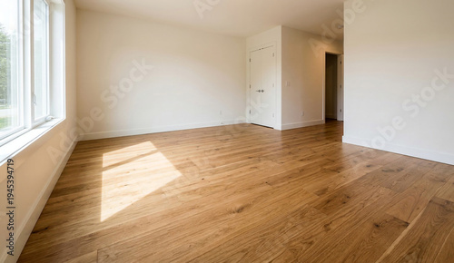 Empty sunlit room with polished wooden floors and white walls.