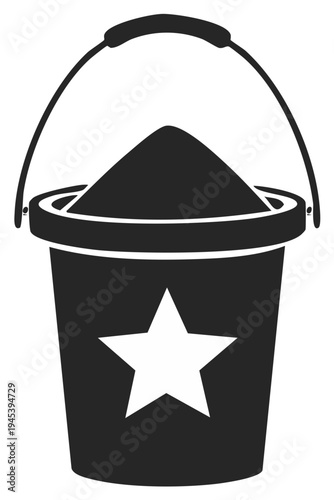 Simple Black Silhouette of a Beach Bucket Filled With Sand Featuring a Star Emblem