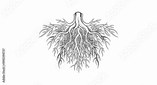 Stylized ink drawing of intricate branching roots against white background