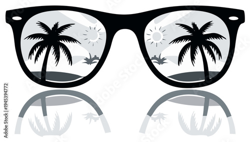 Black sunglasses reflecting a tropical beach with palm trees and a bright sun illustration