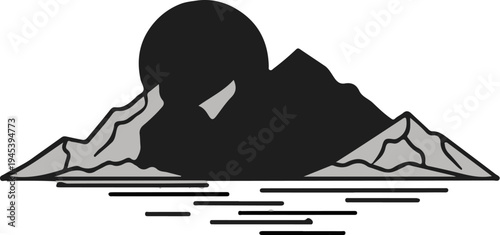 Stylized mountain peaks behind a large sun and reflecting on water