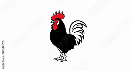 Stylized black rooster with red comb and wattle, white tail feathers