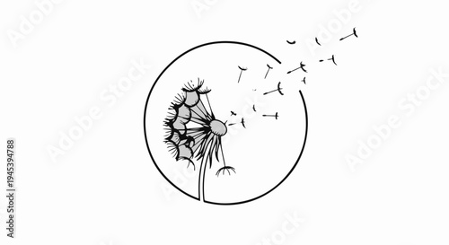 Stylized dandelion in a circle with seeds blowing away