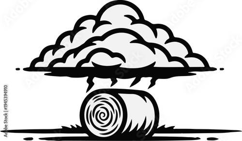 Stylized depiction of a hay bale under a stormy cloud with falling rain