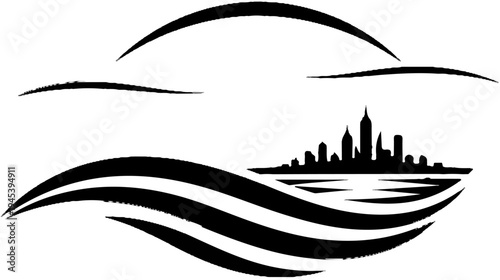 Stylized black silhouette of a cityscape reflected on water with abstract waves and sky