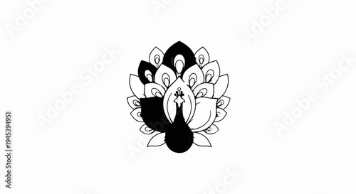 Stylized black and white peacock silhouette with open tail feathers