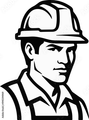 Stylized black and white portrait of a male construction worker wearing a hard hat
