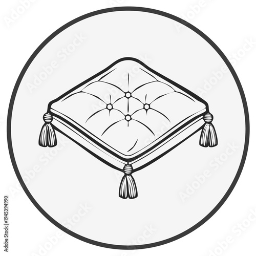 Tufted ceremonial pillow with tassels line art icon. Luxury royal cushion vector illustration.