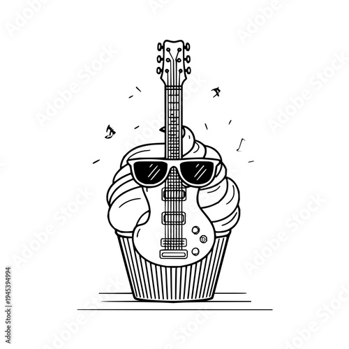 Cupcake with Guitar Sunglasses Vector Illustration