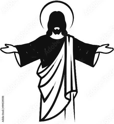 Stylized depiction of Jesus with open arms and a halo