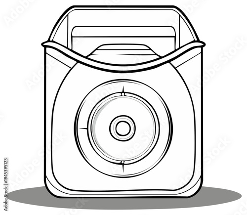 Simple line art drawing of a portable CD player with headphones tucked inside