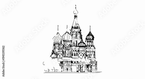 Stylized ink sketch of a multi-domed cathedral on a white background
