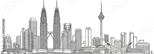 Stylized black and white sketch of a prominent city skyline with distinct towers and buildings