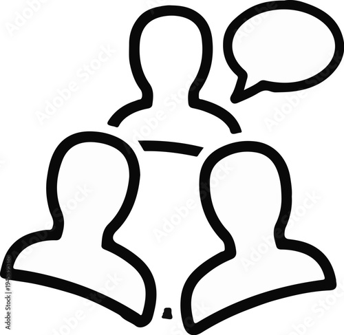 Stylized icon of three people with a speech bubble suggesting communication