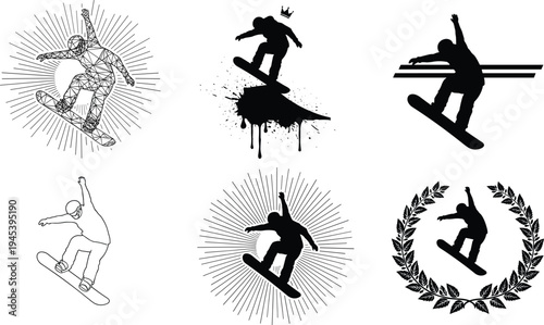 Snowboarding silhouettes of athletes aerial tricks, artistic motion styles, winter sport vector design illustration