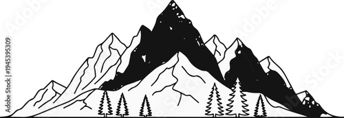 Stylized black and white mountain range with evergreen trees