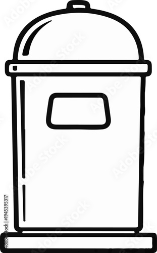 Stylized, black-and-white line art of a domed-top trash receptacle