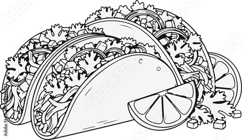 Stylized outline of tacos with lime wedges and cilantro garnish