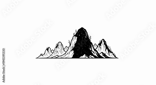 Stylized black and white mountain range with a prominent dark peak