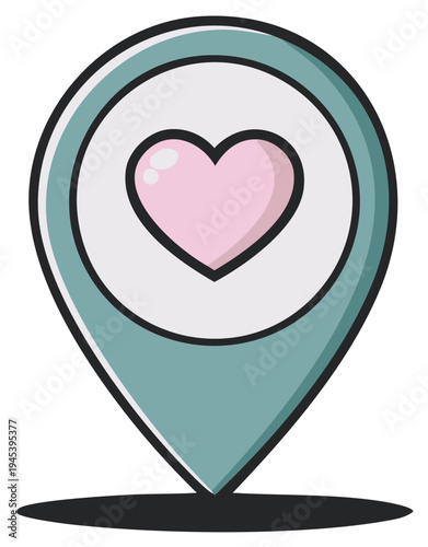 Teal location pin with a pink heart symbol signifying a favorite romantic destination or beloved place