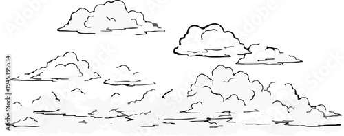 Stylized ink sketch of fluffy clouds drifting across a white sky
