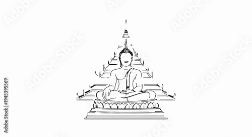 Stylized black and white outline drawing of a seated Buddha figure