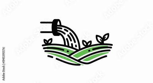Stylized depiction of water flowing from a pipe onto a green field with sprouts