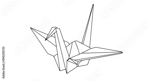 origami crane line art, black outline vector, minimal stroke, geometric folded paper style, isolated on white background, clean vector illustration