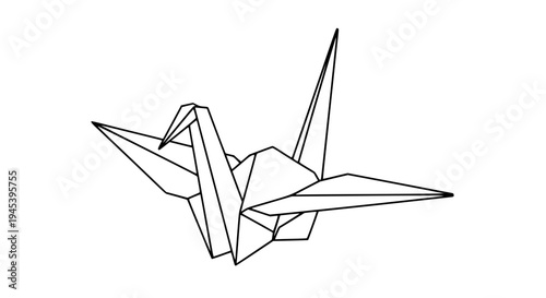 origami crane line art, black outline vector, minimal stroke, geometric folded paper style, isolated on white background, clean vector illustration