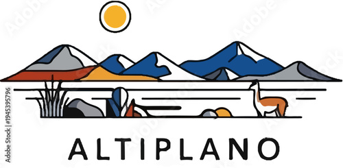 Stylized mountain range with a sun, reeds, rocks, and a llama