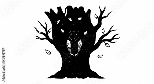 Stylized owl perched inside a dark, bare tree with falling leaves