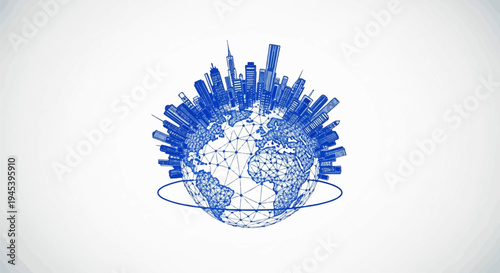 Stylized blue line art globe with cityscape overlay and orbiting ring