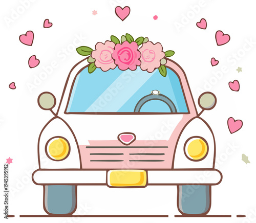 Cartoon pink car decorated with roses and hearts for wedding vector illustration