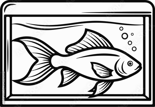 Stylized line drawing of a goldfish in a rectangular aquarium with bubbles