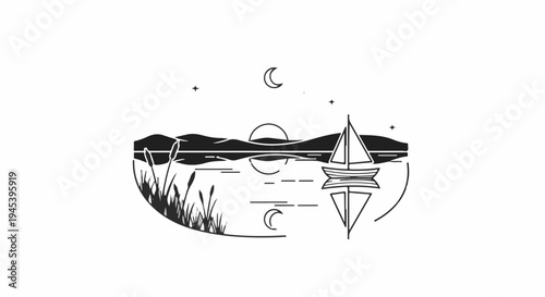 Stylized lake scene with a sailboat, moon, sun, and reeds under stars