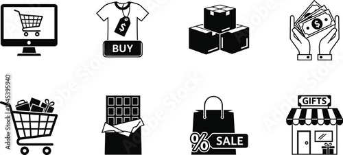 Shopping and ecommerce icons set, online store retail sale purchase payment and delivery symbols collection flat vector illustration