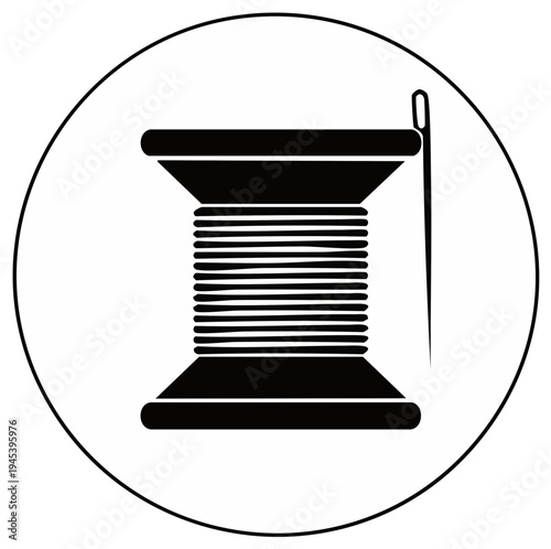 Silhouette of a thread spool and needle inside a circle.