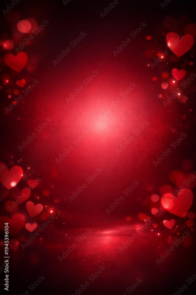 Obraz premium Glowing red bokeh hearts surround a bright center with ample copy space, perfect for romantic Valentine promotions, love quotes, wedding invitations or festive banners.